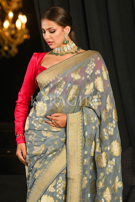 Banarasi Khaddi Georgette Saree Cloudy Grey Banarasi Khaddi Georgette Saree saree online