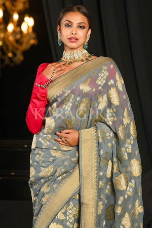 Banarasi Khaddi Georgette Saree Cloudy Grey Banarasi Khaddi Georgette Saree saree online