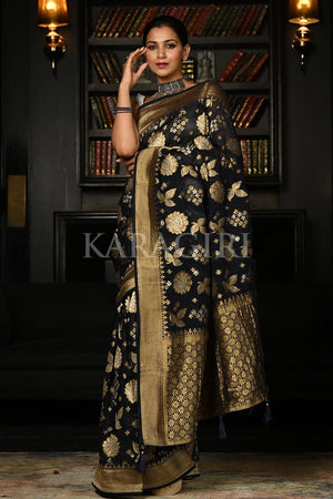 Coal Black Khaddi Banarasi Georgette Saree