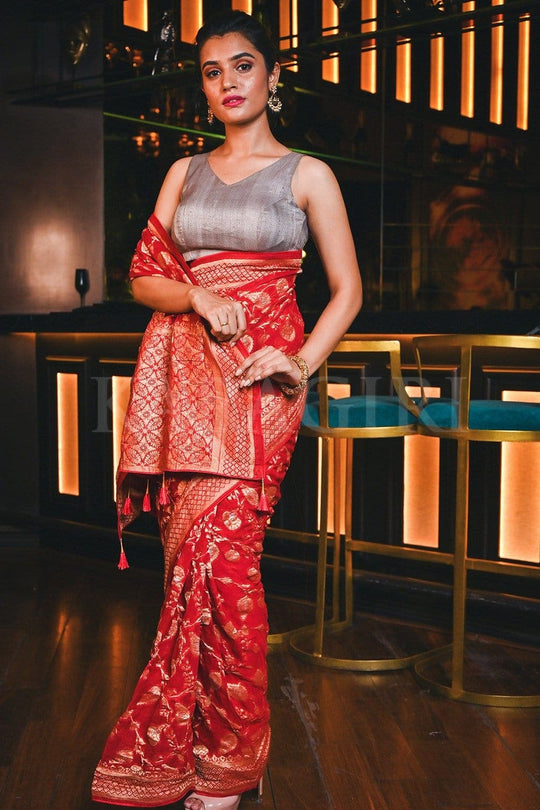 Banarasi Khaddi Georgette Saree Crimson Red Banarasi Khaddi Georgette Saree saree online