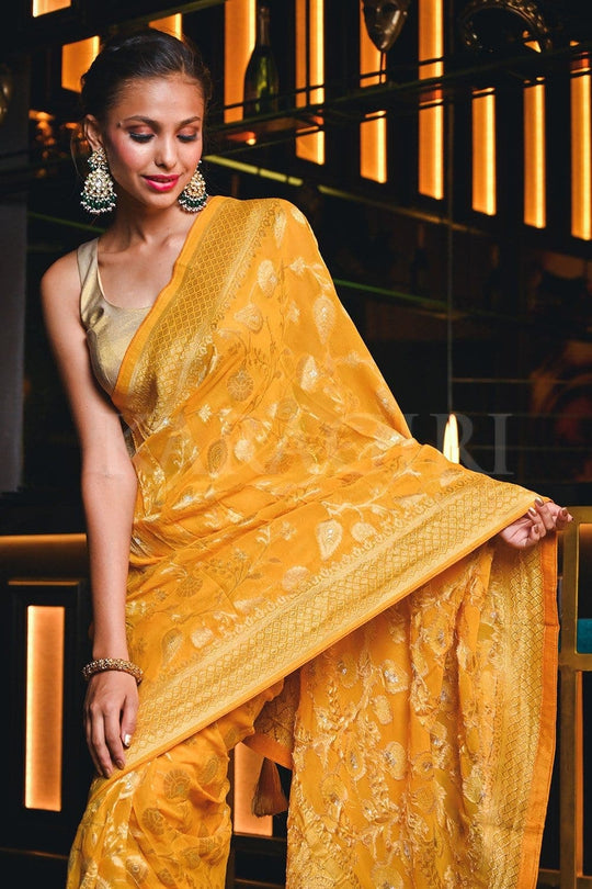 Banarasi Khaddi Georgette Saree Dandelion Yellow Banarasi Khaddi Georgette Saree saree online