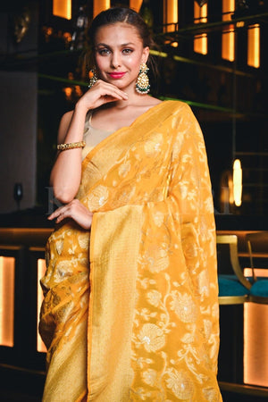 Dandelion Yellow Banarasi Khaddi Georgette Saree