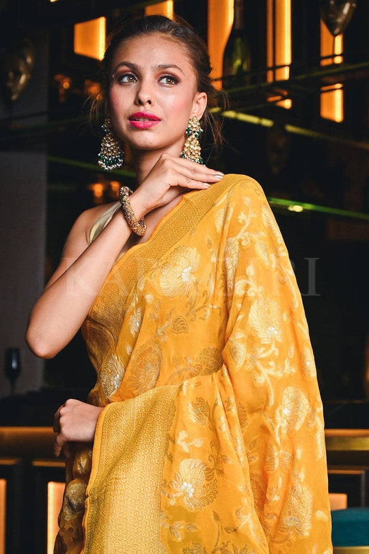Banarasi Khaddi Georgette Saree Dandelion Yellow Banarasi Khaddi Georgette Saree saree online