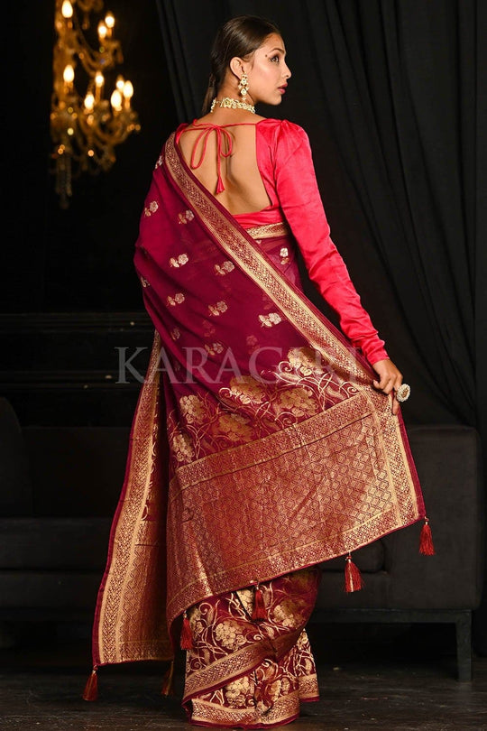 Banarasi Khaddi Georgette Saree Dark Persian Red Banarasi Khaddi Georgette Saree saree online