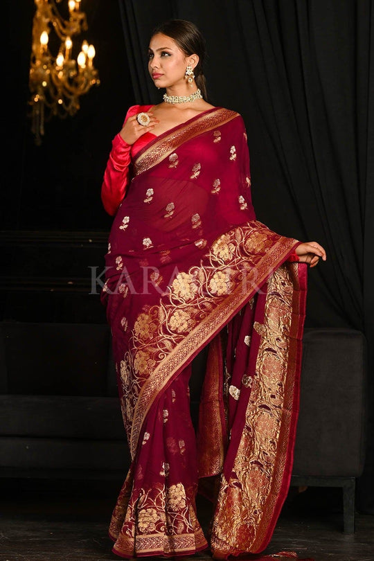 Banarasi Khaddi Georgette Saree Dark Persian Red Banarasi Khaddi Georgette Saree saree online