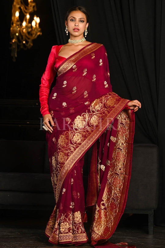 Banarasi Khaddi Georgette Saree Dark Persian Red Banarasi Khaddi Georgette Saree saree online