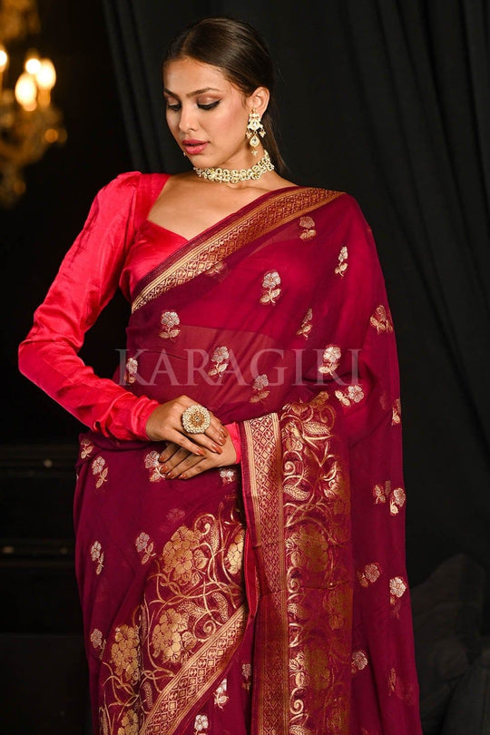 Banarasi Khaddi Georgette Saree Dark Persian Red Banarasi Khaddi Georgette Saree saree online