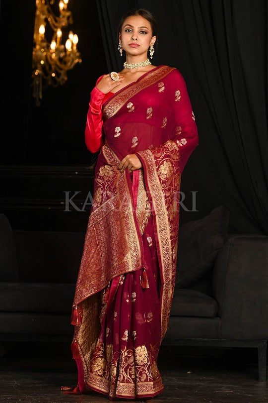 Banarasi Khaddi Georgette Saree Dark Persian Red Banarasi Khaddi Georgette Saree saree online