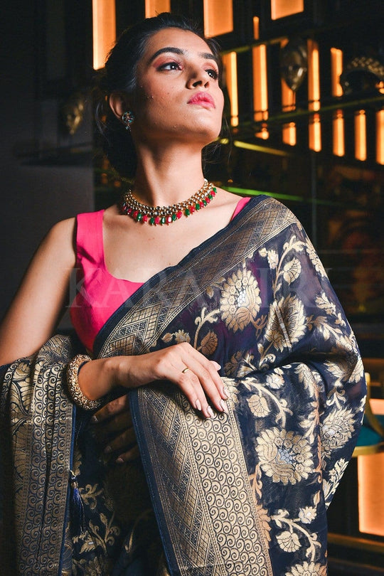 Banarasi Khaddi Georgette Saree Denim Blue Banarasi Khaddi Georgette Saree saree online