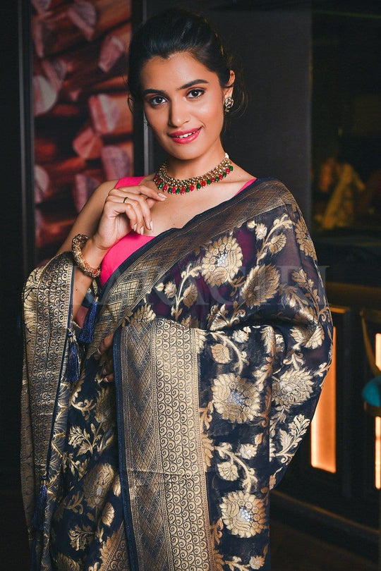 Banarasi Khaddi Georgette Saree Denim Blue Banarasi Khaddi Georgette Saree saree online