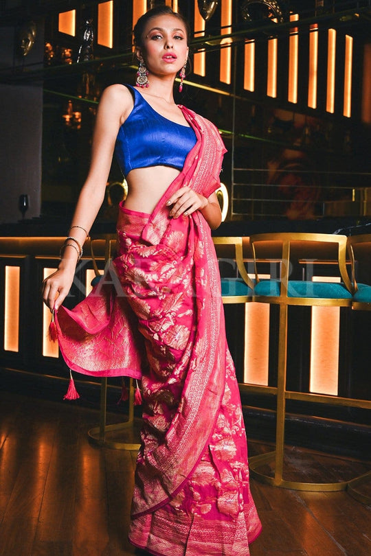Banarasi Khaddi Georgette Saree FENIL URMIGAR in Ruby Pink Banarasi Khaddi Georgette Saree saree online