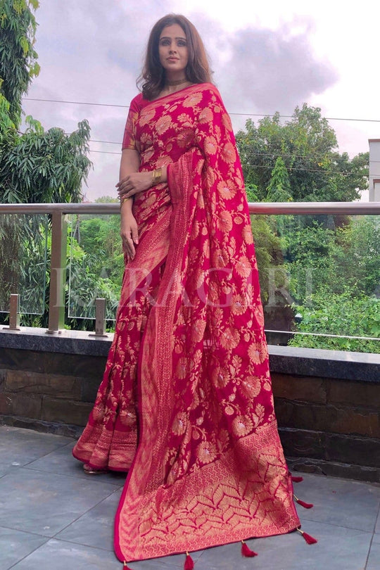 FENIL URMIGAR in Ruby Pink Banarasi Khaddi Georgette Saree