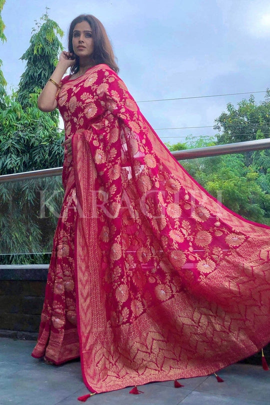 FENIL URMIGAR in Ruby Pink Banarasi Khaddi Georgette Saree