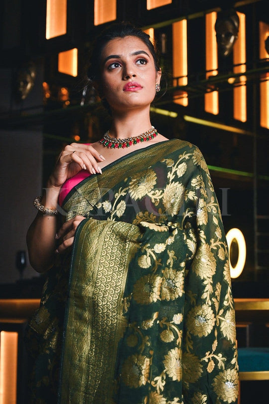 Banarasi Khaddi Georgette Saree Hunter Green Banarasi Khaddi Georgette Saree saree online
