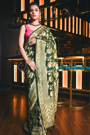Banarasi Khaddi Georgette Saree Hunter Green Banarasi Khaddi Georgette Saree saree online