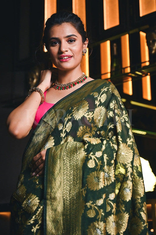 Banarasi Khaddi Georgette Saree Hunter Green Banarasi Khaddi Georgette Saree saree online