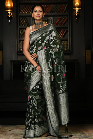 Hunter Green Khaddi Banarasi Georgette Saree