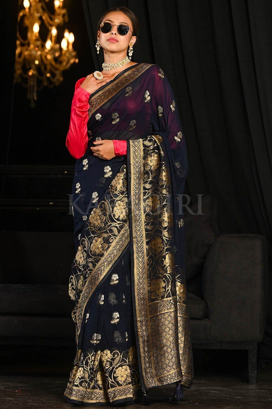 Banarasi Khaddi Georgette Saree Indigo Blue Banarasi Khaddi Georgette Saree saree online