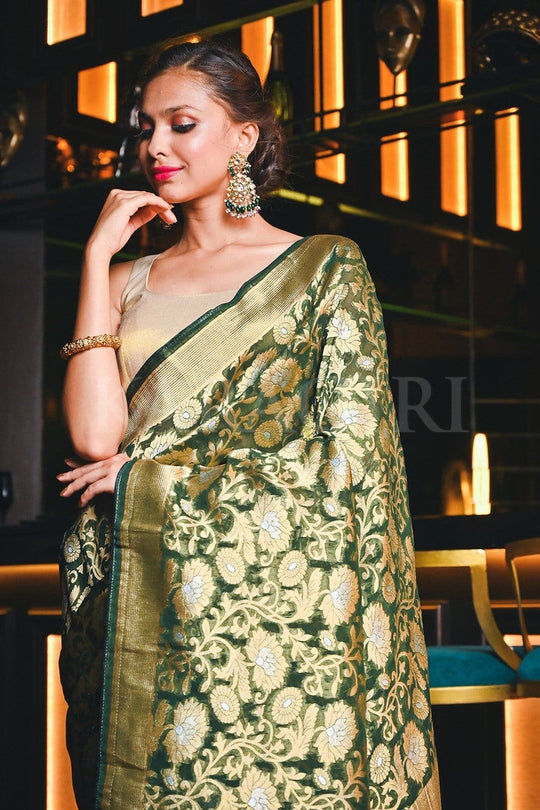 Banarasi Khaddi Georgette Saree Juniper Green Banarasi Khaddi Georgette Saree saree online