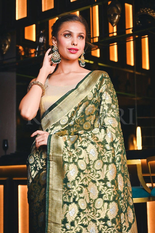 Banarasi Khaddi Georgette Saree Juniper Green Banarasi Khaddi Georgette Saree saree online