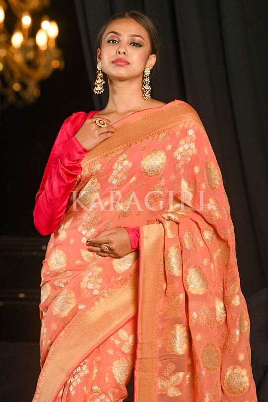 Banarasi Khaddi Georgette Saree Light Coral Red Banarasi Khaddi Georgette Saree saree online