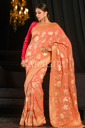 Light Coral Red Banarasi Khaddi Georgette Saree