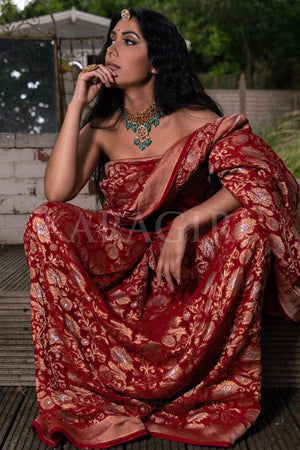 NISHA AALIYA in Crimson Red Banarasi Khaddi Georgette Saree