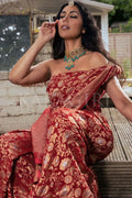 NISHA AALIYA in Crimson Red Banarasi Khaddi Georgette Saree