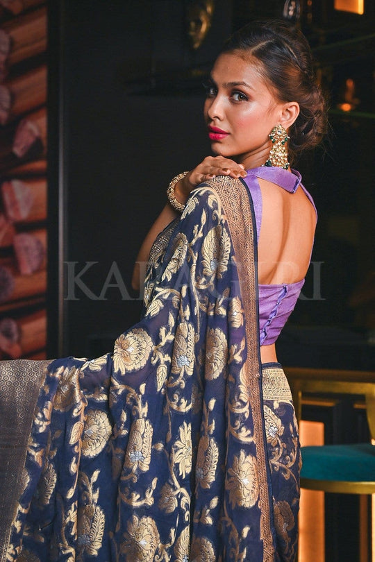 Banarasi Khaddi Georgette Saree Oxford Blue Banarasi Khaddi Georgette Saree saree online