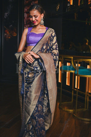 Oxford Blue Banarasi Khaddi Georgette Saree