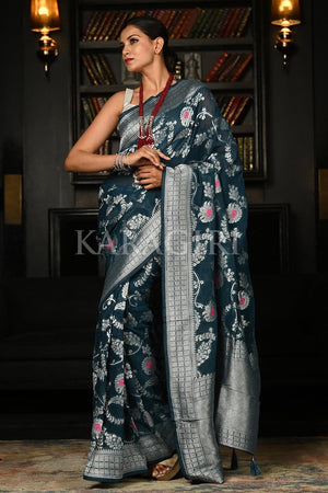 Peacock Blue Khaddi Banarasi Georgette Saree
