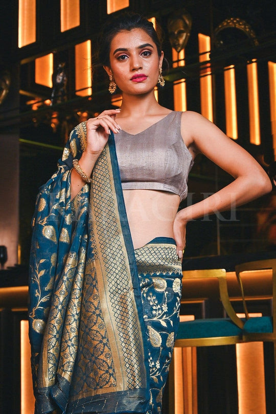 Banarasi Khaddi Georgette Saree Prussian Blue Banarasi Khaddi Georgette Saree saree online