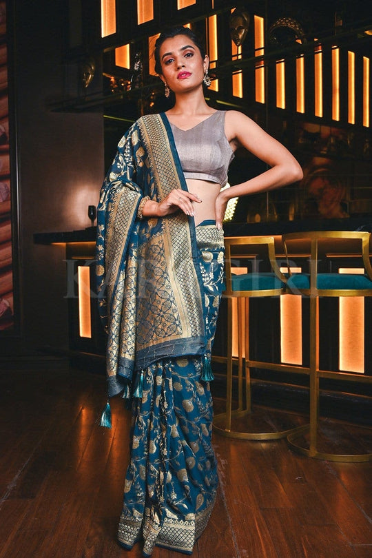 Banarasi Khaddi Georgette Saree Prussian Blue Banarasi Khaddi Georgette Saree saree online