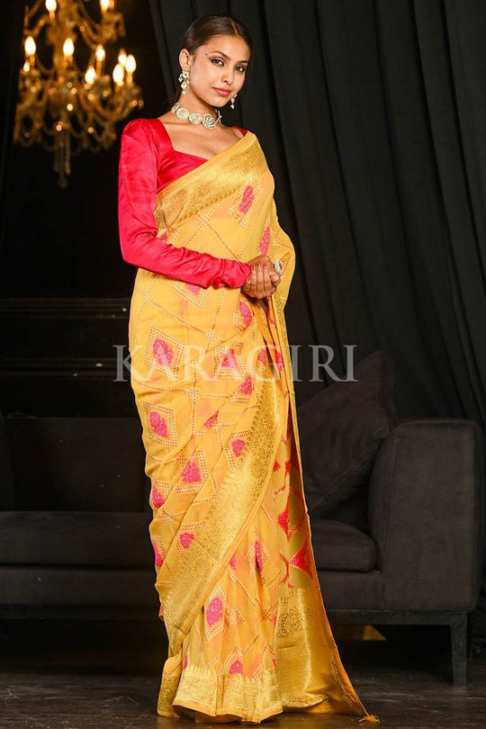 Banarasi Khaddi Georgette Saree Saffron Yellow Khaddi Georgette Banarasi Saree saree online