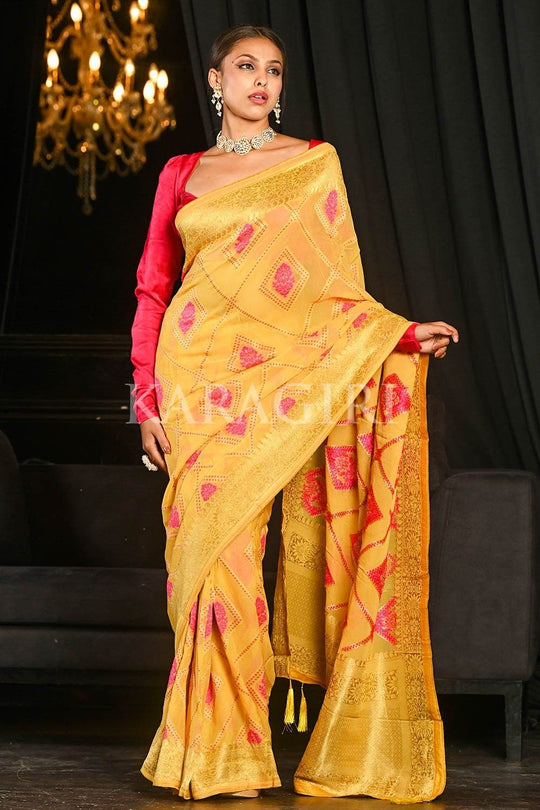Banarasi Khaddi Georgette Saree Saffron Yellow Khaddi Georgette Banarasi Saree saree online