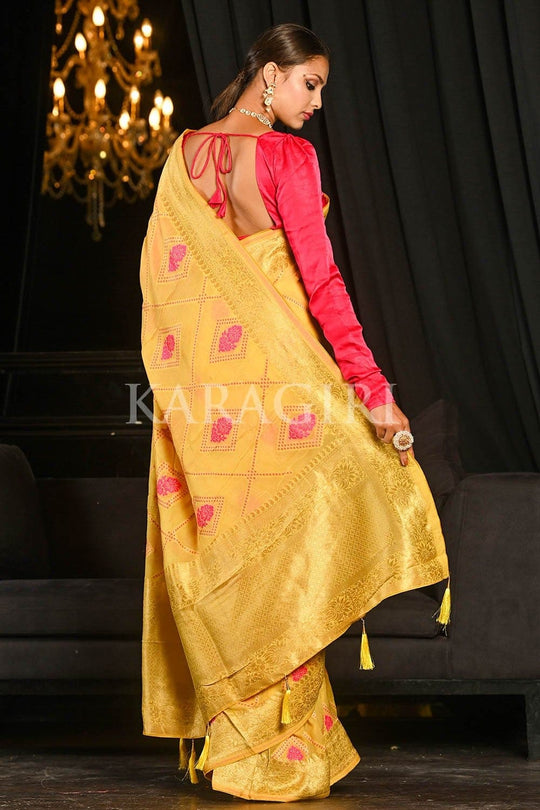 Banarasi Khaddi Georgette Saree Saffron Yellow Khaddi Georgette Banarasi Saree saree online