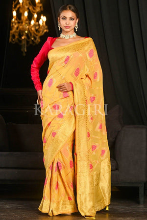 Saffron Yellow Khaddi Georgette Banarasi Saree
