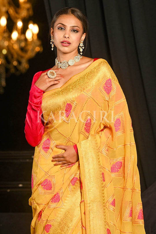 Banarasi Khaddi Georgette Saree Saffron Yellow Khaddi Georgette Banarasi Saree saree online