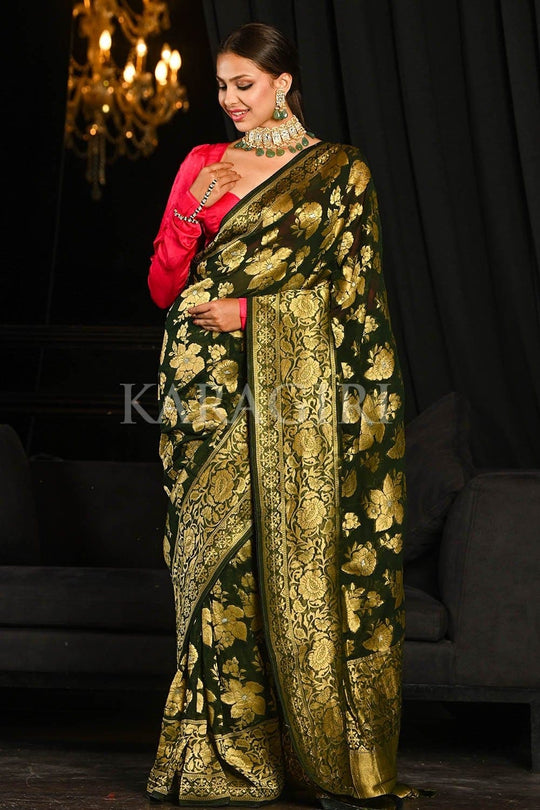 Banarasi Khaddi Georgette Saree Spring Olive Green Banarasi Khaddi Georgette Saree saree online