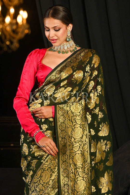 Banarasi Khaddi Georgette Saree Spring Olive Green Banarasi Khaddi Georgette Saree saree online