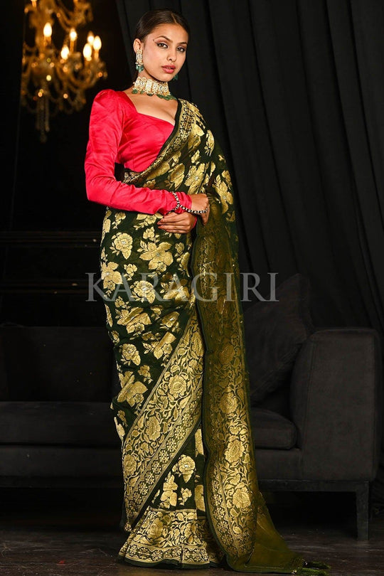 Banarasi Khaddi Georgette Saree Spring Olive Green Banarasi Khaddi Georgette Saree saree online