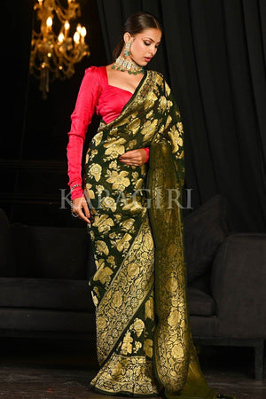 Spring Olive Green Banarasi Khaddi Georgette Saree