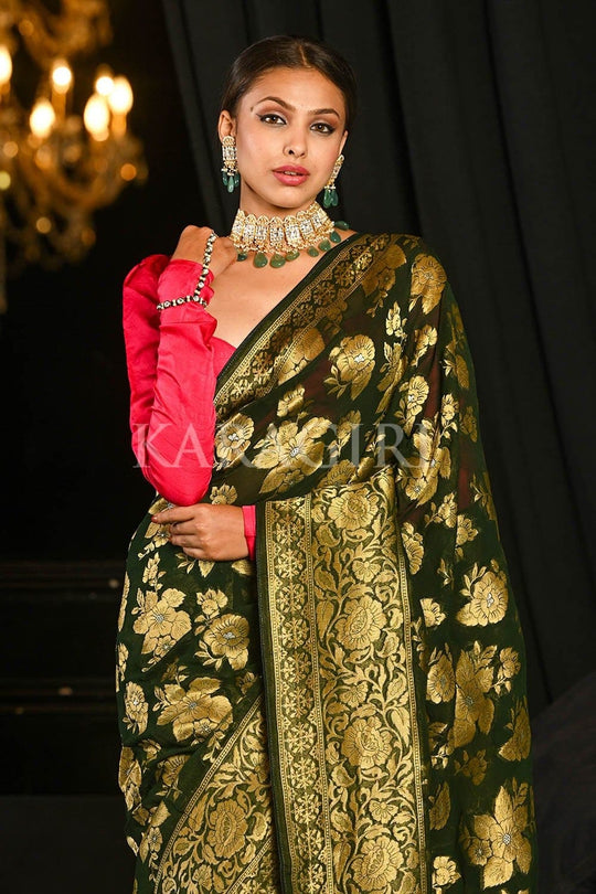 Banarasi Khaddi Georgette Saree Spring Olive Green Banarasi Khaddi Georgette Saree saree online