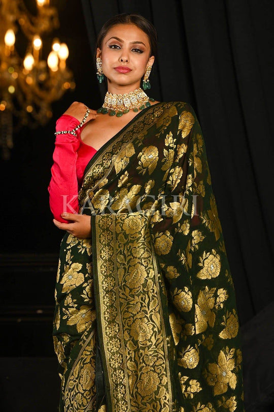 Banarasi Khaddi Georgette Saree Spring Olive Green Banarasi Khaddi Georgette Saree saree online