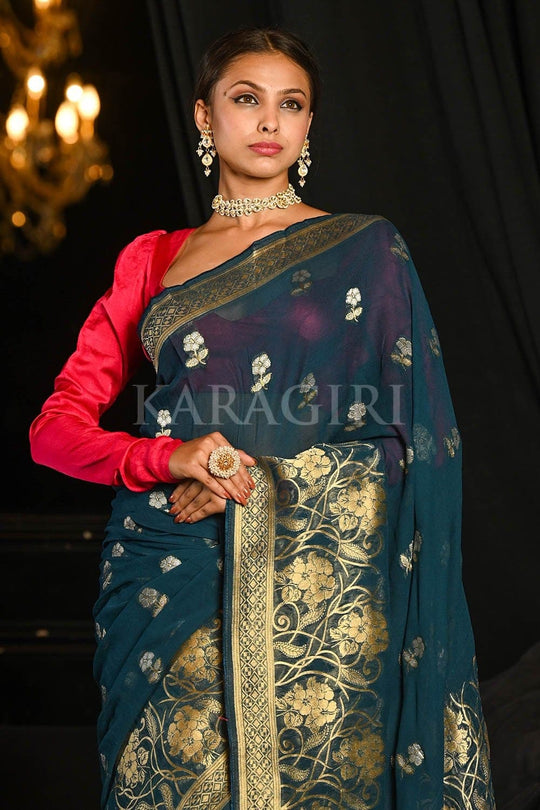 Banarasi Khaddi Georgette Saree Spruce Blue Banarasi Khaddi Georgette Saree saree online