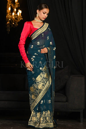 Spruce Blue Banarasi Khaddi Georgette Saree