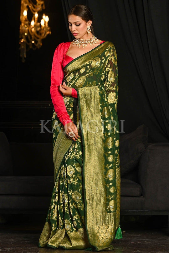 Banarasi Khaddi Georgette Saree Strong Yellow Green Banarasi Khaddi Georgette Saree saree online