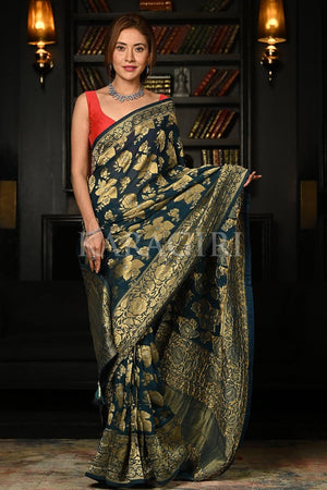 Teal Blue Khaddi Georgette Banarasi Saree