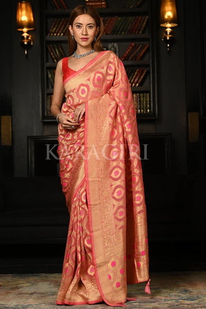 Watermelon Pink Khaddi Banarasi Georgette Saree