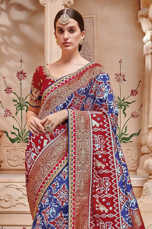Red,Blue Woven Designer Banarasi - Patola Fusion Saree